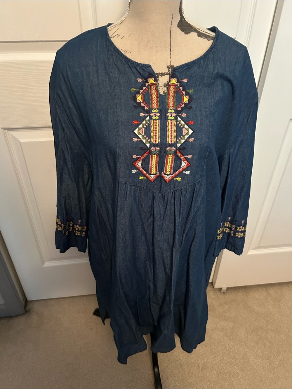 Embroidered Denim Boho Dress with Pockets